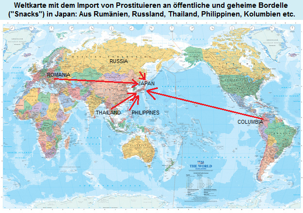 Weltkarte mit den Wegen des
              Frauenhandels in Bordelle und Geheimbordelle
              ("Snacks") in Japan aus Rum�nien, Russland,
              Thailand, den Philippinen, Kolumbien etc.