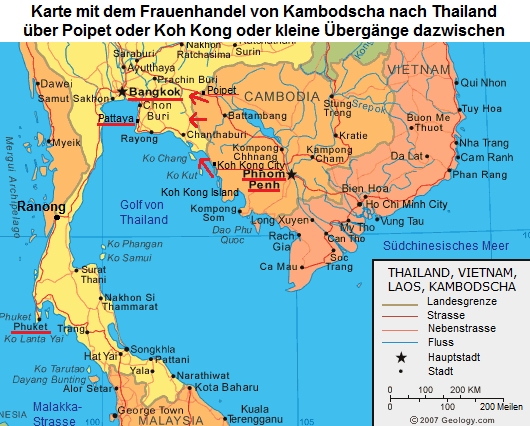 Karte von Kambodscha mit
                      den St�dten Poipet, Koh Kong und mit Thailand mit
                      Bangkok, Pattaya und Phuket [41]