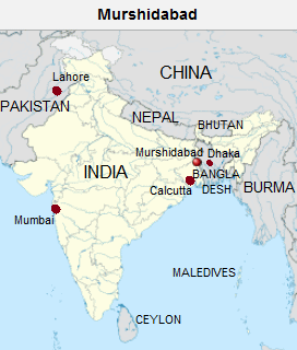 Map of India with Murshidabad (town and
                        district), Dhaka, Calcutta, and Mumbai