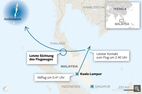 Karte mit Malaysia, Thailand und
              der These, Flug MH-370 sei in Richtung Andamanen geflogen