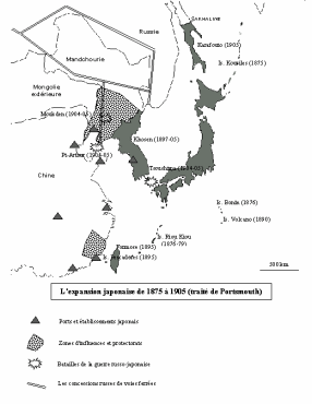 Karte: Japans Besetzungen von Korea und
                            der Mandschurei in China 1905