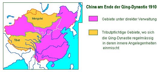 Karte
                        China 1910: Qing-Dynastie, Tributstaaten Tibet
                        und Mongolei