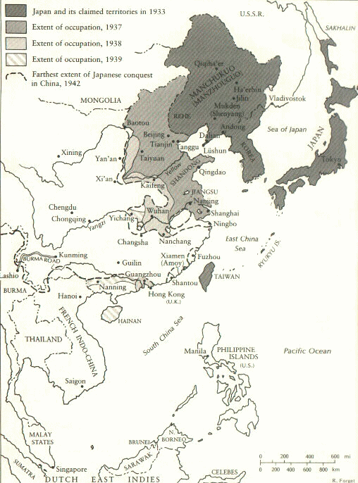 China 1931-1945: Nazi-Japans
                  Besetzungen, Burmastrasse, Karte