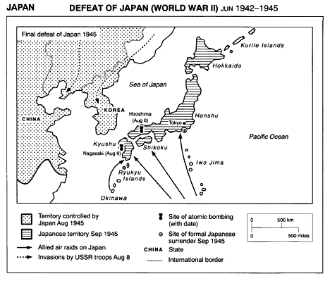 Karte der Atombombenabw�rfe auf Hiroshima und
                auf Nagasaki im August 1945