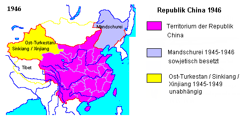 China
                          1946: Republik China, Ost-Turkestan, Xinjiang,
                          Sinkiang, Mandschurei, Tibet