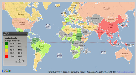 World map with the length of
                  penises of 2011