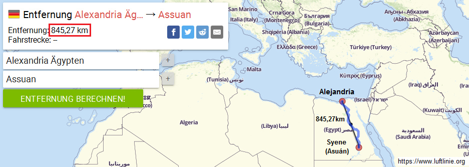 Mapa con la distancia entre
              Alejandr�a y Asu�n: 845,27km