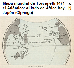 mapa mundial de Toscanelli con el Atl�ntico con
                Jap�n (Cipango) al lado de �frica en forma de un ojo de
                pez