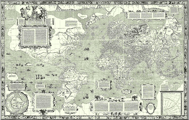 Mapa mundial con la proyecci�n de Mercator 02 de
                1569: La red linear permite la navegaci�n precisa la
                primera vez, pero las regiones polares en el norte y en
                el sur son demasiado grandes