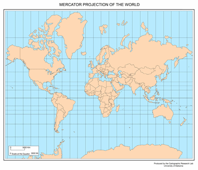 Mapa mundial con la proyecci�n
              de Mercator con Groenlandia tan grande como �frica