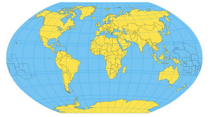 Mapa mundial de 1990 apr. con
              forma barriguda, esa forma respeta m�s las formas reales
              de los continentes