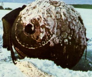 La c�psula de aterrizaje presuntamente
                        de Gagarin en la nieve