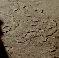 Apolo 11, foto de la
                      NASA no. AS11-37-5464: primer plano de pisadas
                      irreales
