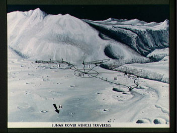 Concepto art�stico del alunizaje de Jerry
                        Elmore para Apolo 15, foto de la NASA no.
                        S71-33433: El "paisaje lunar" del
                        "alunizaje" est� otra vez en azul,
                        ahora con los caminos dibujados para el
                        "carro lunar" LRV.