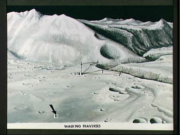 Concepto art�stico del alunizaje de Jerry
                        Elmore para Apolo 15, foto de la NASA no.
                        S71-33433: El "paisaje lunar" del
                        "alunizaje" est� con caminos para
                        marchar para el caso cuando el "carro
                        lunar" no funciona