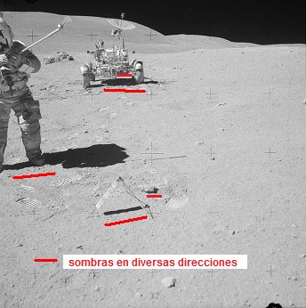 Apolo 16 falso, foto de la NASA no.
                            AS16-106-17409: El "astronauta"
                            John Young tiene muestras del suelo en su
                            mano, al fondo est� el "carro
                            lunar"