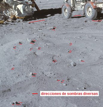 Apolo 16 falso, foto de la NASA no.
                                AS16-106-17436: El "carro
                                lunar" con el "m�dulo
                                lunar" sin huellas de ruedas,
                                estudio de sombras con el caos de
                                sombras, primer plano