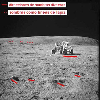 Apolo 16 falso, foto de la NASA no.
                            AS16-109-17788 muestra la "estaci�n
                            1", el "carro lunar" en el
                            pedregal, y un caos de sombras