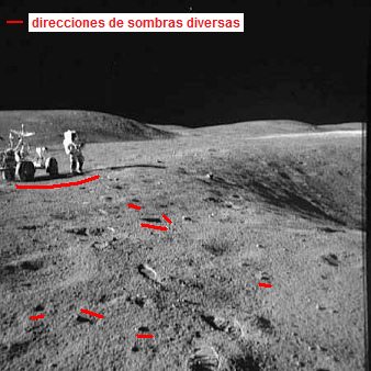 Apolo 16 falso, foto de la NASA no.
                            AS16-109-17789 muestra la "estaci�n
                            1", el "carro lunar" en el
                            pedregal, y un caos de sombras