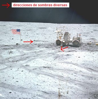 Apolo 16 falso, foto de la NASA no.
                          AS16-116-18576: El "astronauta"
                          Young con el "veh�culo lunar" Rover
                          (LRV): Al lado izquierdo hay una bandera con
                          una sombra falsa - el "astronauta"
                          est� en la contraluz y es demasiado claro - y
                          hay huellas de ruedas de solo una rueda.
                          Exposici�n corregida. Con la correcci�n se
                          detecta vapor en el "cielo lunar" lo
                          que no es posible en la luna sin atm�sfera.