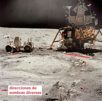 Apolo 16 falso, foto de la NASA no.
                        AS16-116-18578: el "astronauta" Young
                        con el "veh�culo lunar" Rover (LRV)
                        cerca del "m�dulo lunar" LM, hay
                        contraluz, pero las sombras est�n sin oscuridad