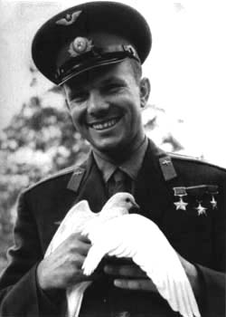 Smiling Gagarin with peace dove