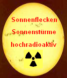 Sonnenflecken sind
Anzeichen für die radioaktive
Zerstörungskraft der kosmischen
Sonnenstrahlung
("Sonnenwinde",
"Sonnenstürme"). Sonnenflecken sind Anzeichen
für die radioaktive
Zerstörungskraft der kosmischen
Sonnenstrahlung
("Sonnenwinde",
"Sonnenstürme").