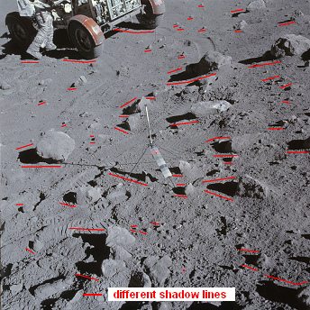 Apollo 16, photo no. AS16-106-17445:
                          Astronaut Young with the "moon car"
                          in a stony landscape, first photo of the
                          shadow chaos