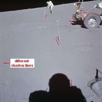 Apollo 16 photo no. AS16-106-17529:
                          Astronaut Duke with sun sensors and moon car
                          on the right side, and chaos of shadows