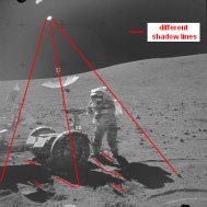 Apollo 16 photo no. AS16-106-17730:
                  "moon car" in stone desert, chaos of shadows
                  with two Suns