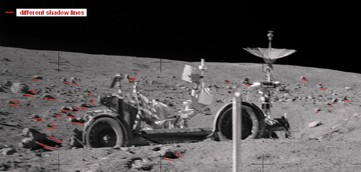 Apollo 16, photo no.
                                AS16-110-17951: Station 4, the
                                "moon car" staying on a path
                                in a slope, and chaos of shadows,
                                close-up