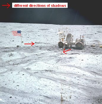 Apollo 16, photo no.
                                      AS16-116-18576: Astronaut Young at
                                      the LRV: at the left side is a
                                      flag with inverted shadow, the
                                      astronaut in the backlight is much
                                      too bright, and there are lonely
                                      wheel tracks from one single
                                      wheel. Corrected light conditions.
                                      With the corrected light
                                      conditions also some haze in the
                                      center of the "moon sky"
                                      can be seen which is not possible
                                      on the moon without atmosphere.