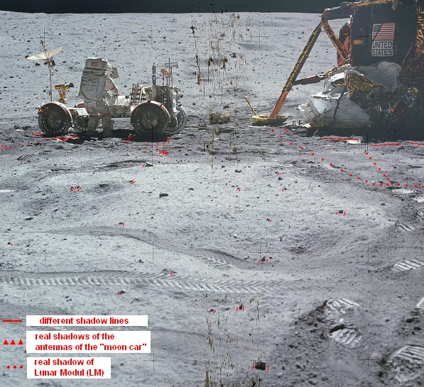 Apollo 16, photo no.
                                        AS16-116-18577: chaos of
                                        shadows, and the shadow of the
                                        "Lunar Module" and the
                                        shadows of the antennas of the
                                        "moon car" are
                                        missing