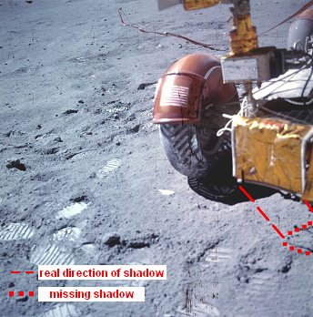 Apollo 16, photo
                                    AS16-110-18669: missing shadow at
                                    the front side of the "moon
                                    car" (LRV)