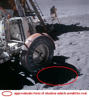 Apollo 16,
                                        photo no. AS16-116-18708: There
                                        is a ragged, deformed shadow of
                                        a round fender, and the shadow
                                        of the metal strip wheels should
                                        be interspersed with light