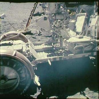 Apollo 16, photo no.
                                      AS16-116-18709: close-up of the
                                      "Lunar Rover Vehicle"
                                      (LRV), with shady sides which are
                                      much too bright, and in the middle
                                      of the photo is also haze, or it's
                                      a lense fault, or it's a fault in
                                      the film.