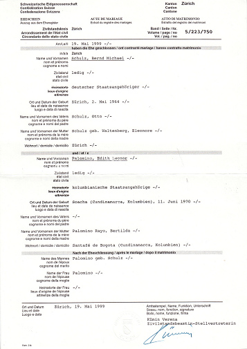 Eheschein aus Z�rich mit
                                  Nachnamenwechsel ohne Doppelnamen vom
                                  15. Mai 1999