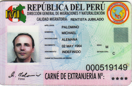 Ausl�nderausweis (Ausl�nderkarte) von
                          Michael Palomino in Peru 2008