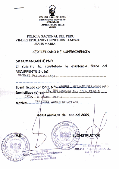 Existenzbest�tigung f�r die IV-Kasse Genf
                          der Polizei in Jesus-Maria, Lima