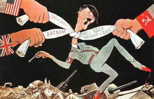 Plakat in der SU:
                        Die grossen Alliierten ("USA", England
                        und "Sowjetunion") schnüren Hitler den
                        Hals zu, 1944 ca.