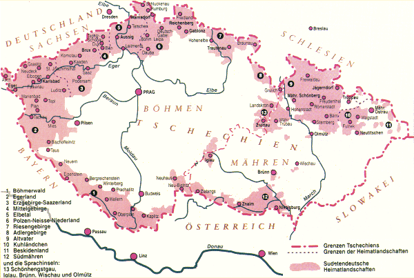 Karte der 1919
                            tschechisch besetzten Sudetenl�nder,
                            beschriftet