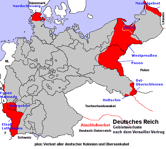 Karte
                Gebietsverluste Deutschlands 1919 auf dem europ�ischen
                Kontinent. Dazu kommt der Verlust aller Kolonien