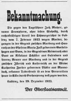 Anzeige der Vollstreckung einer
                          Todesstrafe durch K�pfen aus dem Jahre 1923
                          aus der Weimarer Republik. Auch nach 1918
                          wurde weiter gek�pft... [8]