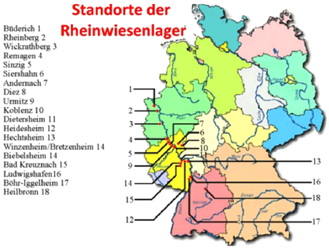 Karte von Deutschland mit den
                          Rheinwiesenlagern vom Sommer 1945