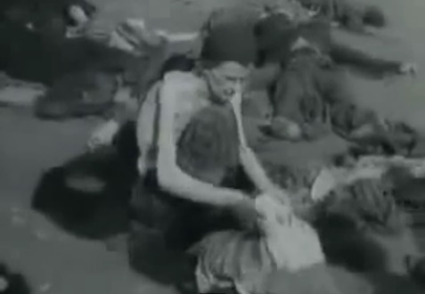 Ein
                            deutscher Kriegsgefangener oben ohne
                            durchsucht im Sommer 1945 Kleider am Boden
                            und im Hintergrund liegt ein toter,
                            deutscher Häftling in grauer Uniform