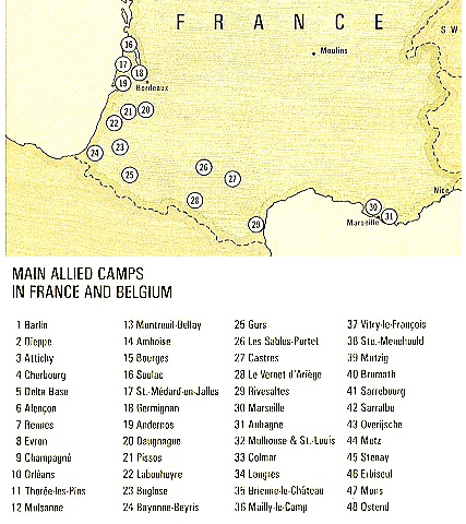 Karte von Sdfrankreich mit den
                        Kriegsgefangenenlagern von Bordeaux bis
                        Marseilles