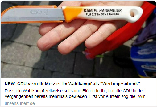Messer f�r Goldst�cke
              von CDU-Daniel Hagemeier im Wahlkampf in D�sseldorf 2017