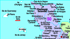 Karte mit Positionen Cotentin und
                              Insel Sarq / Sark