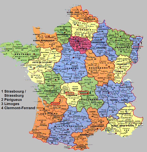Strassburg und die wichtigen Stdte in
                Vichy-Frankreich 1940-1944: Prigueux (2), Limoges (3)
                und Clermont-Ferrand (4)