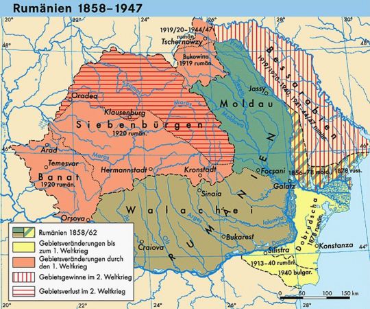 Karte von Rum�nien 1920 mit den
                ehemals ungarisch regierten Teilen Siebenb�rgen (mit
                vielen Ungarn und Deutschen) und mit dem Banat (mit
                vielen Ungarn, Deutschen und Serben)